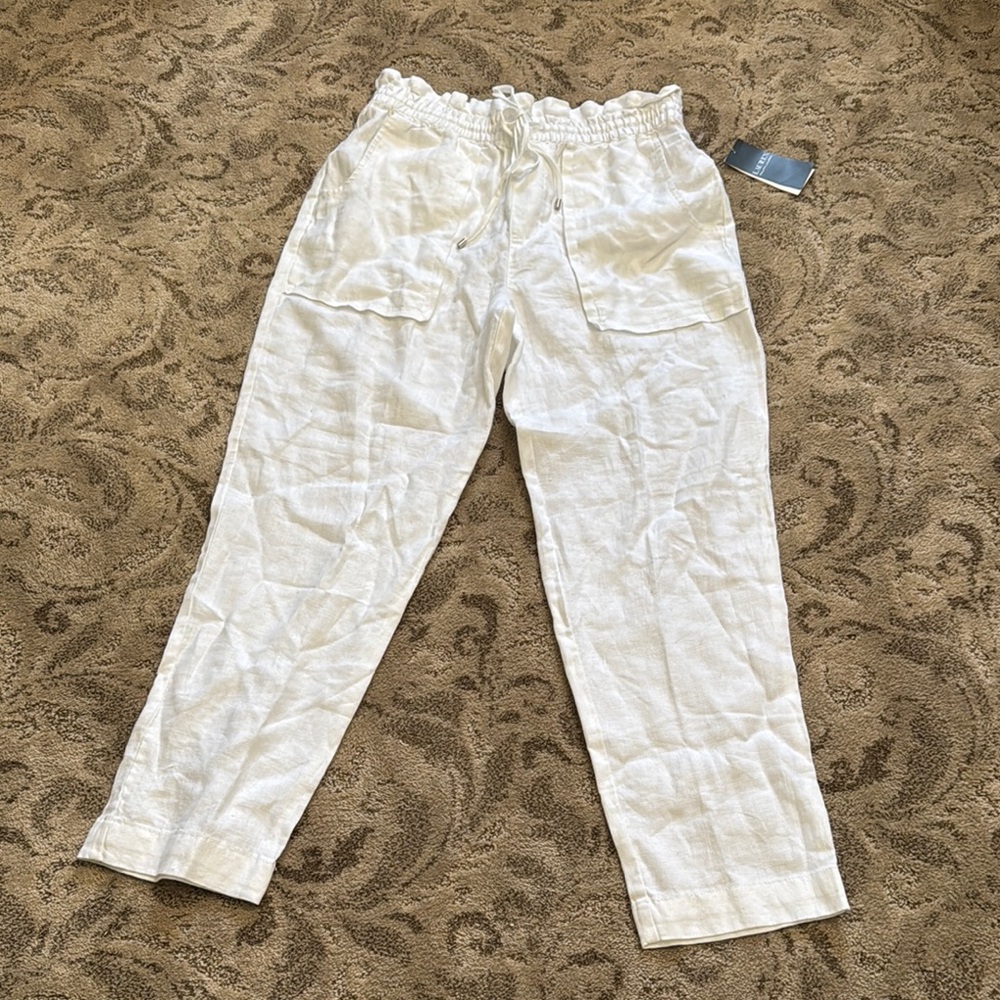 White Drawstring Linen Pants - Picture 1 of 4